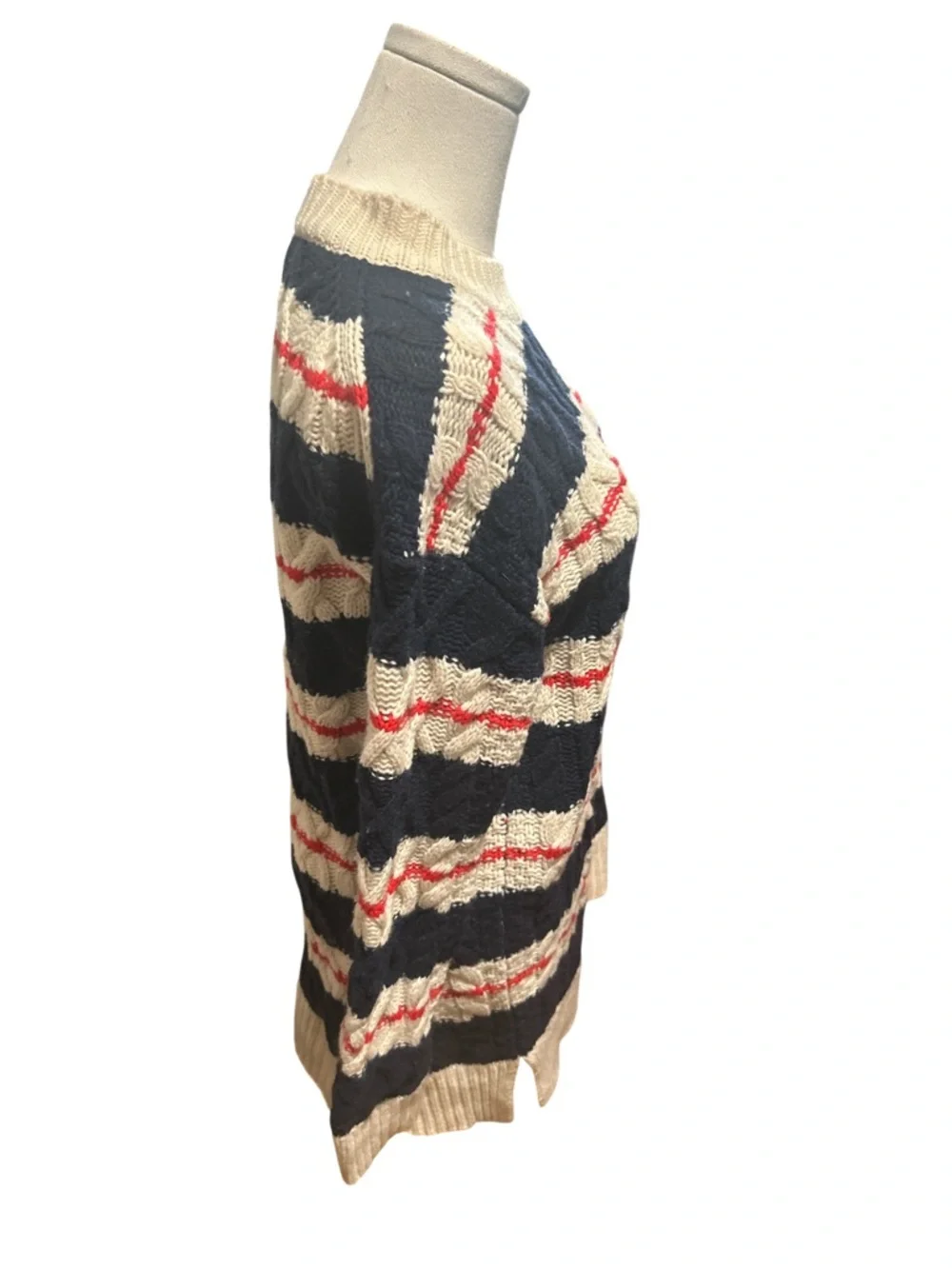 J.Crew Striped Cable Knit Nautical Tunic Sweater Navy Cream Red Small Merino